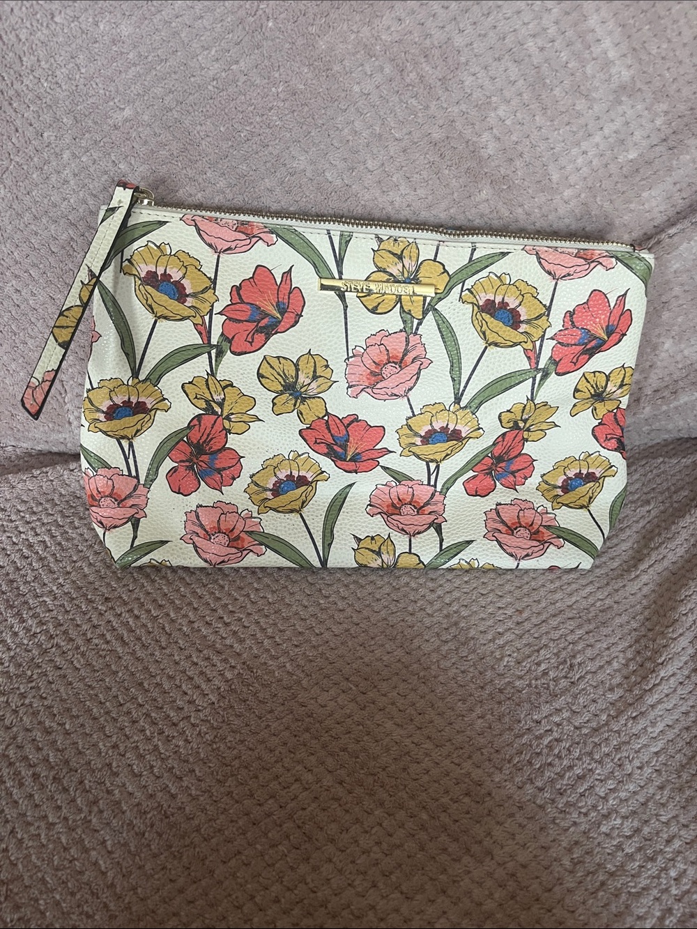 Steve Madden Floral Cosmetic Pouch - Cream with Pink & Yellow Flowers